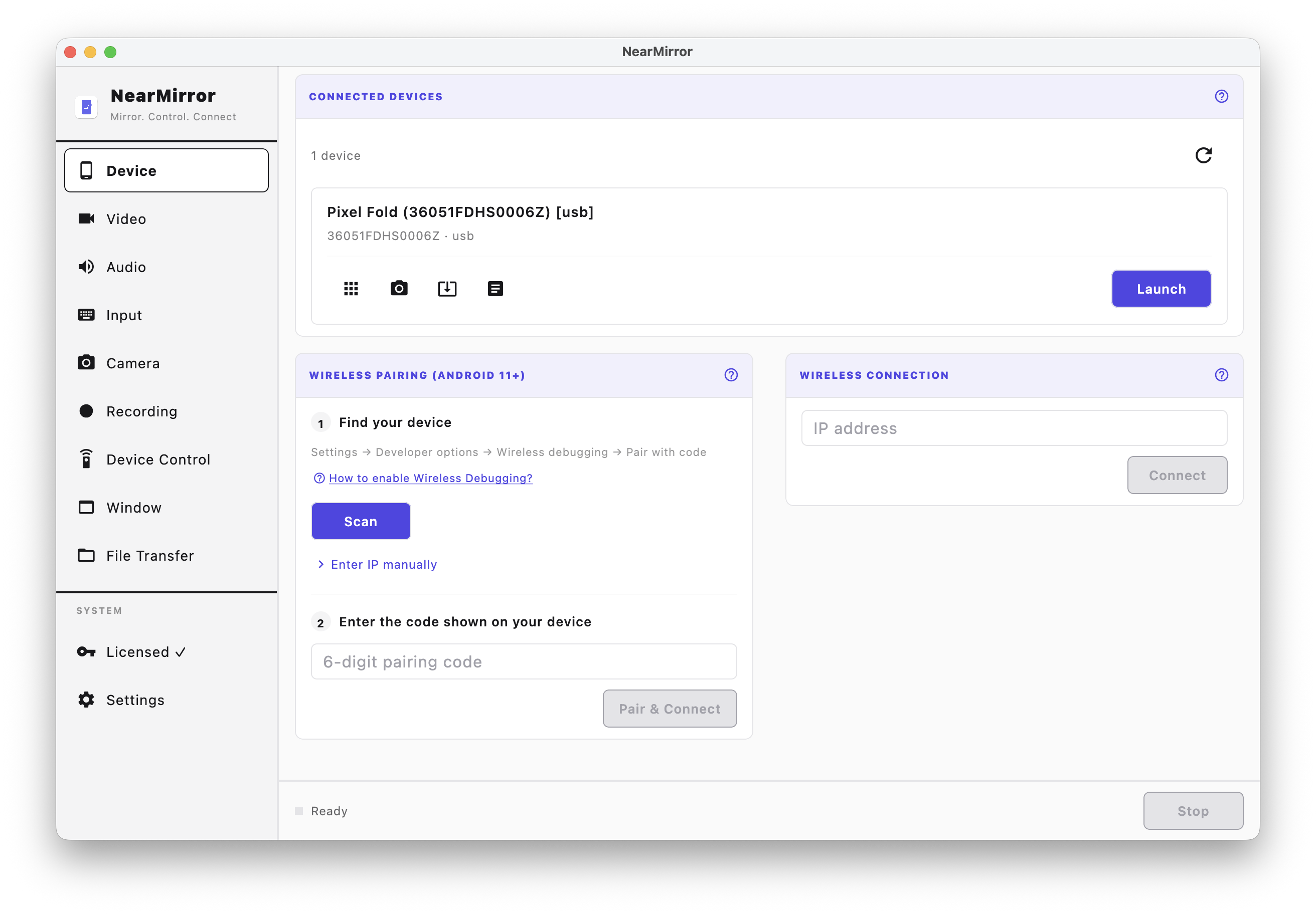 NearMirror app showing connected Android device with mirroring controls