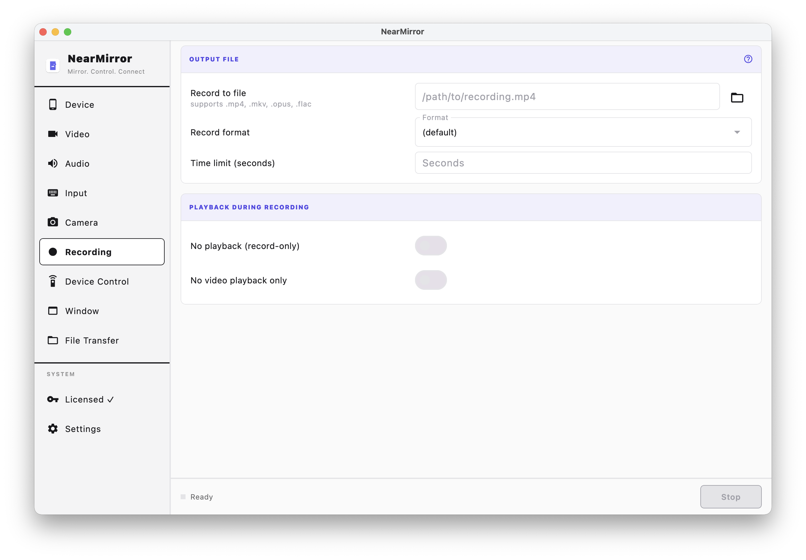 Session Recording screen